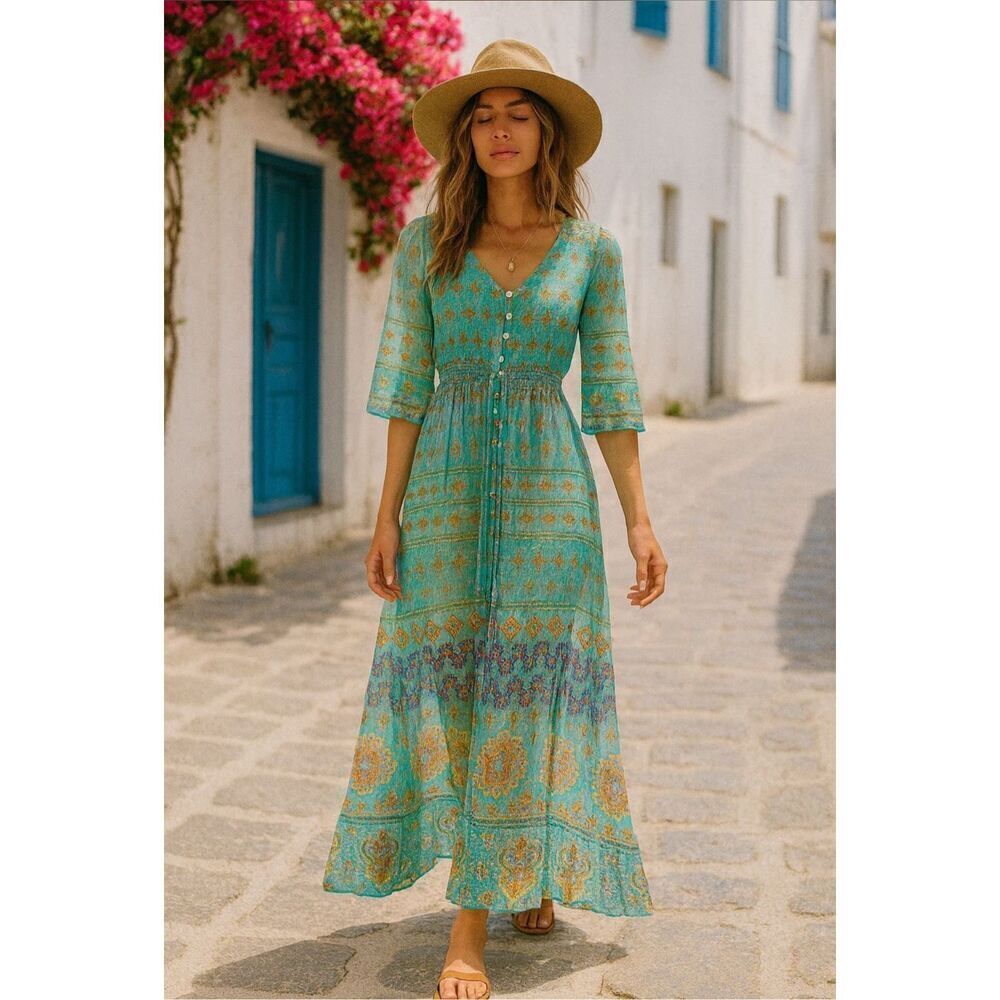 Guadalupe Size M Monaco Midi Dress Turquoise Bohemian Coastal Mediterranean NWT